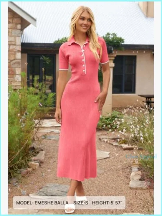 Ribbed Maxi Dress V-Neck Button Front Slim Fit Knit Sweater Dress - Picture 2 of 7